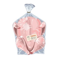 Whole raw chicken is in transparent plastic bag. Fresh poultry meat is in disposable packing. Butchery, farm product with food label. Vector cartoon illustration isolated on white background.