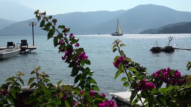 Knight island, Fethiye, Turkey - 30th of October 2019: 4K Beautiful scenery from island on the Fethiye gulf and passing yaght