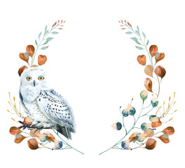 Watercolor floral wreath with polar owl  and  leaves. Hand painted christmas frame with bird and leaves of silver dollar eucalyptus isolated on white background.  - 301099405