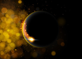 Vector dark abstract background with solar eclipse. Black open space with a star shining from behind a planet, kindling its horizon. Round black placeholder for your text.