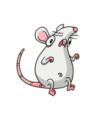 Shocked or scared looking white albino rat or mouse. Illustration isolated on flat white background for kids book or for chinese new year of the rat. For children. Emotions, frightened animal.