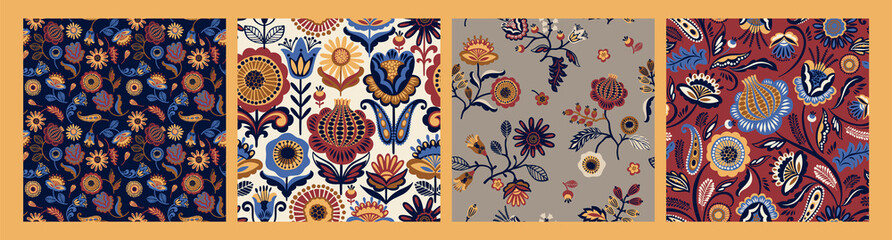 Folk floral seamless patterns. Modern abstract design