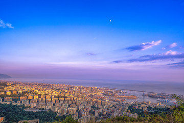 View of Genoa Port from monte fregoso during sunset time