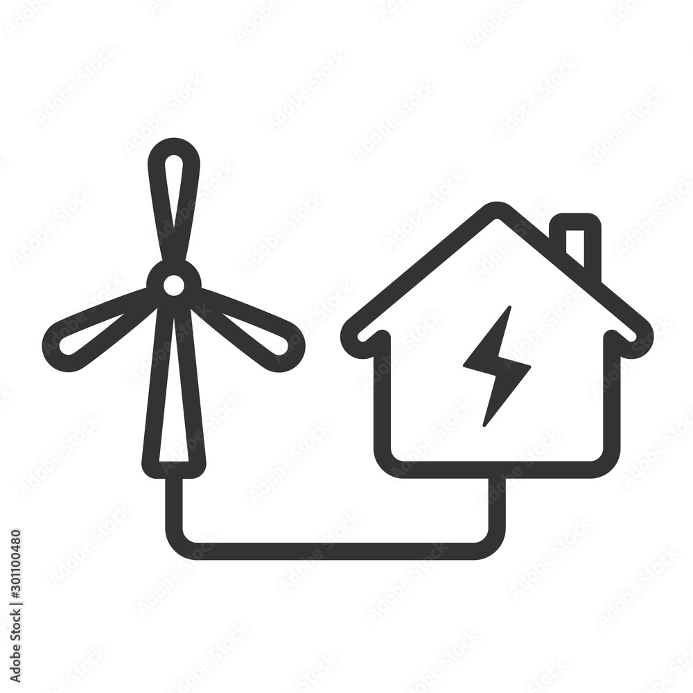Poster wind turbine connected to the house line vector icon isolated on white background. house powered by 