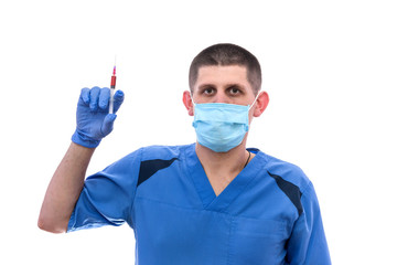 Young doctor with blood in syringe isolated on white.
