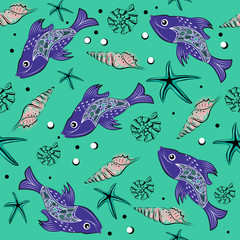 Pattern with the image of fish, marine theme in the illustration. fish, shells and starfish in the form of a pattern on fabric or gift paper  
