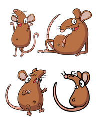 Brown rat or mouse. Set of four Illustrations isolated on flat white background for kids book or for chinese new year of the rat. Hand drawn pack for children