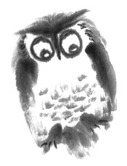 Illustration with owl ink. Black and white ink drawn image. Chinese style. Bird. Big eyes. Owl. Funny bird.