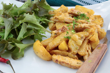 fried potatoes and chicken with salad on a plate