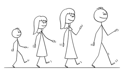 Vector cartoon stick figure drawing conceptual illustration of walking family on trip of man, woman, girl and boy or father, mother, daughter and son.