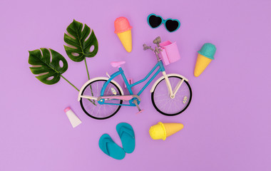 City bike toy and summer beach vibes. Minimal flat lay art