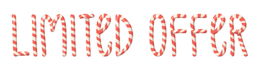 Cartoon vector illustration Christmas Candy Cane. Hand drawn font. Actual Creative Holidays sweet alphabet and word LIMITED OFFER