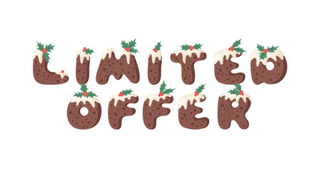 Cartoon vector illustration Christmas Pudding. Hand drawn font. Actual Creative Holidays bake alphabet and word LIMITED OFFER