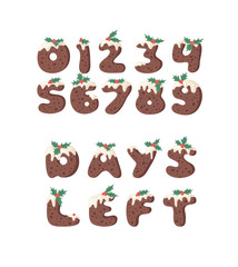 Cartoon vector illustration Christmas Pudding. Hand drawn font. Actual Creative Holidays bake alphabet and word DAYS LEFT and numbers