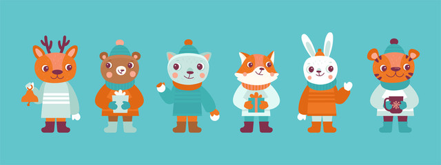 Funny cartoon animals in winter clothes and hats