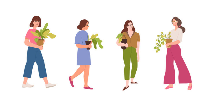 Vector set of character illustrations in simple flat style - girls holding house plants in pots - urban jungle concept