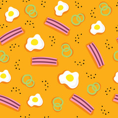 Seamless pattern with fried eggs, bacon, onions, decor elements on a neutral background. vector. hand drawing. food theme. design for print wrappers