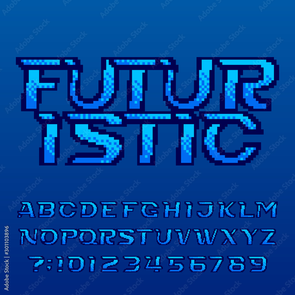 Poster futuristic pixel alphabet font. pixel gradient letters, numbers and symbols. 80s arcade video game t