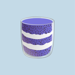 Chia seed pudding. Healthy vegan snack in glass. Vector illstration isolated on blue background.