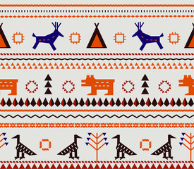 Seamless tribal ethnic native american  pattern  with birds, deers, bears, trees, triangles. Indian geometric flat style  .