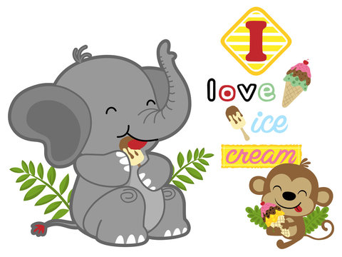 vector cartoon of cute elephant with little monkey eat ice cream