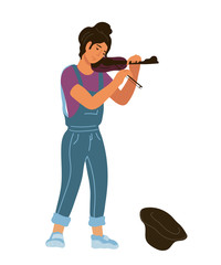 VIolinist girl or woman player, musician - street or professional artist or performer cartoon character, flat vector illustration isolated on background. City and tourist amusements.