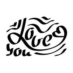 Love you black hand drawn lettering. Vector greeting card, Valentine's Day