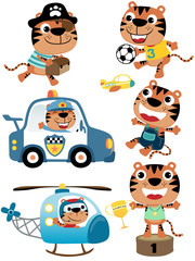 vector set of tiger cartoon with various profession