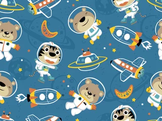 Behang naadloos patroon van grappige astronaut met vervoer in de ruimte © Bhonard21