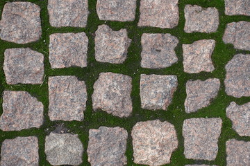 Pale pink granite pavement with green moss in  joints from above