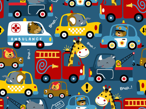 seamless pattern of vehicles cartoon with funny drivers