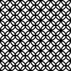 Seamless pattern with lattice ornament. Oriental traditional flowers element, repeated rounded shapes. Openwork silhouette of floral grid. Vector black white background illustration. Geometric texture