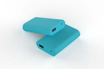 Portable external rechargeable mobile device battery charger. USB power bank for smartphones and tablet computers charging isolated on white background. 3D illustration