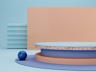 Minimal scene with cylinder podium and abstract background. Geometric shape. Blue and cream pastel colors scene. Minimal 3d rendering. Scene with geometrical forms and textured background. 3d render. 
