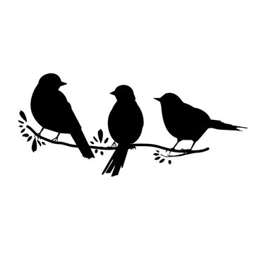 three birds on a branch. black silhouette