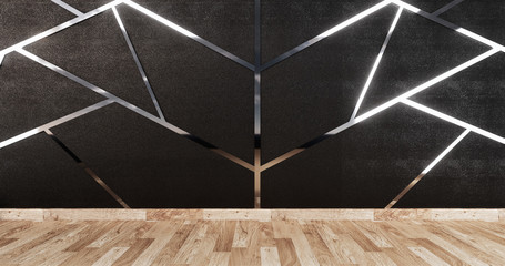 aluminum trim siver on black wall design and wooden floor.3D rednering