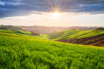 Amazing spring landscape with sun's rays touching the endless green rolling hills of Tuscany at...