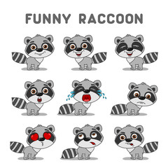 Set of expression of emotions of funny racoon in different poses isolated on white background