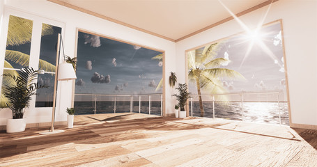 Sea view living room in modern beach summer home. 3D rendering