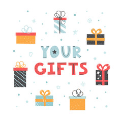 Your Gifts lettering vector flat illustrati on a white background. Sale, shopping concept.