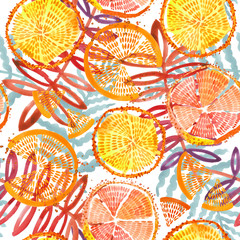 orange fruits seamless. Hand drawn fresh tropical plant waterecolor illustration.