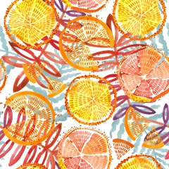 Behang Aquarel fruit oranje vruchten naadloos. Hand getekend verse tropische plant aquarel illustratie.