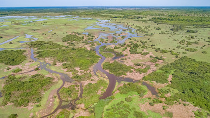 Aerial shot of typical Pantanal Wetlands landscape with lagoons, forests, meadows, rivers, fields...