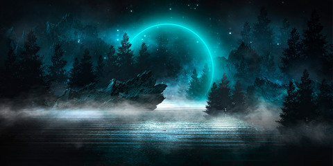 Futuristic night landscape with abstract landscape, dark forest, mountains, moonlight, shine. Dark natural scene with reflection of light in the water, neon blue light. Dark neon circle background. 3D