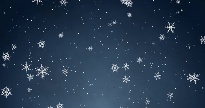 White confetti, snowflakes and bokeh lights on the blue Christmas background.