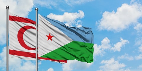 Northern Cyprus and Djibouti flag waving in the wind against white cloudy blue sky together. Diplomacy concept, international relations.