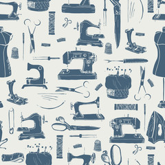 Sewing tools, seamless pattern in vintage grey