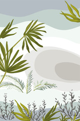 Tropical vector creative cards with abstract leaves and branches.