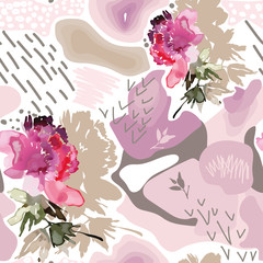 Seamless creative pattern with peony in a watercolor style. Abstract background with spots in pastel colors.