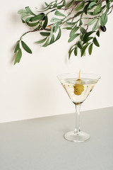 Glass of martini with olive branch on white background